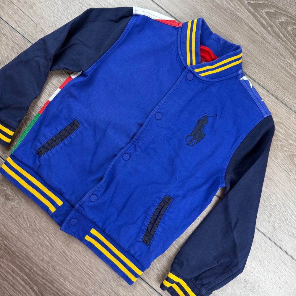 Polo Ralph Lauren Boys Varsity Jacket Downhill Skier USA Flag Blue Size 7